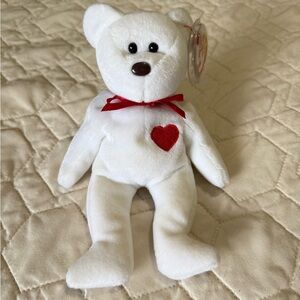 Ty “Valentino” White Beanie Teddy Bear with Red Heart